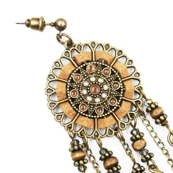 Lureme Vintage Etnických Ručne vyrábané Šperky Dreamcatcher Kolo s Prírodné Perie, Dlhý Strapec Náušnice (er005706)