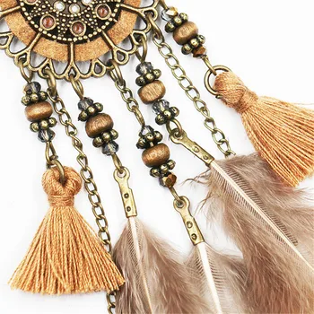 Lureme Vintage Etnických Ručne vyrábané Šperky Dreamcatcher Kolo s Prírodné Perie, Dlhý Strapec Náušnice (er005706)