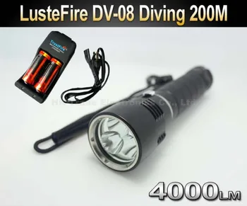 LusteFire DV-08 Profesionálne Potápačské 3 x Cree U2 LED 4000 Lúmenov 200m Potápačská Baterka Pochodeň Svetla+2x 26650 batérie+Nabíjačka