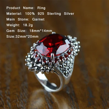Luxusné 18*14 Veľký Drahokam Šperky Prírodné Červený Granát snubný Prsteň Pre Ženy Punk Strany Zapojenie 925 Sterling Silver Ring SR68
