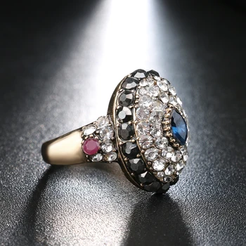 Luxusné Crystal Prstene Pre Ženy Turecko Šperky Dávnych Zlatá Farba Oválny Modrý Živice Krúžok Strany Darček 2017 Nové