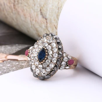Luxusné Crystal Prstene Pre Ženy Turecko Šperky Dávnych Zlatá Farba Oválny Modrý Živice Krúžok Strany Darček 2017 Nové