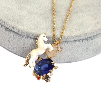 Luxusné Módne Jednorožec Prívesok Náhrdelník Modré Crystal Smalt Šperky Roztomilý Kôň Prívesky, Náhrdelníky Pre Dievča, Ženy, Deti Darček