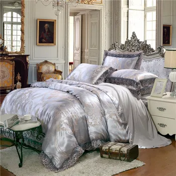 Luxusné saténové žakárové posteľná bielizeň nastaviť kráľovná/king size posteľ nastaviť zlato strieborná farba 4pcs bavlny, hodvábu čipky obliečky kryt nastaví bedsheet nastaviť