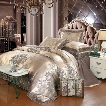 Luxusné saténové žakárové posteľná bielizeň nastaviť kráľovná/king size posteľ nastaviť zlato strieborná farba 4pcs bavlny, hodvábu čipky obliečky kryt nastaví bedsheet nastaviť