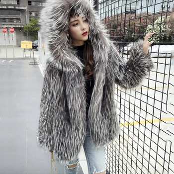 LVCHI Sivé Zimné Kabáty Ženy Udržať v Teple Street Style Vesta Midi Reálne Silver Fox Srsť Srsť S Klobúk Kožušiny Vesta 2017 Žien Fox Kožušiny