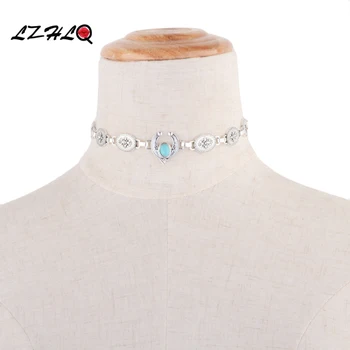 LZHLQ Cigán Štýl dizajnu Choker náhrdelník ženy šperky, módne zliatiny vykladané Syntetický Modrý Kameň dámy temperament golier