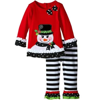Malayu Baby Nové Jeseň Roku 2016 Európske a Americké dievča Vianočné oblečenie, cartoon snehuliak tričko + pruhované oblečenie nohavice