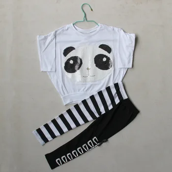Malayu Dieťa 2016 Dievčatá Jeseň Oblečenie Značky Deti, Dievčatá, Sequin Panda Štýl Dlhý Rukáv T-Shirt + Pruhované Nohavice 2 Ks Zbierka
