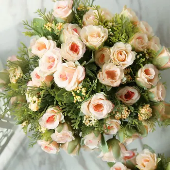 Malé bud hodváb ruže simulácia kvety, Umelé kvety, 13 hlavy/kytice Zelené listy Domov váza zariadené, pri Svadobné Dekorácie