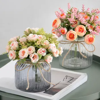 Malé bud hodváb ruže simulácia kvety, Umelé kvety, 13 hlavy/kytice Zelené listy Domov váza zariadené, pri Svadobné Dekorácie