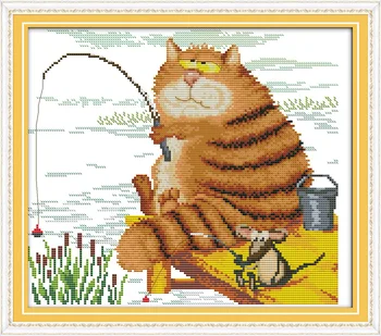 Mačka je obľúbený rybolov maľovanie počíta tlačené na plátno DMC 11CT 14CT súpravy Čínsky Cross Stitch výšivky, výšivky Sady