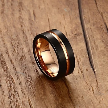 Meaeguet 8MM Široké Čierne Karbid Volfrámu snubný Prsteň Pre Ženy Trendy ružové Zlato Farba Groove Prstene Snubné prstene USA Veľkosť
