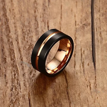Meaeguet 8MM Široké Čierne Karbid Volfrámu snubný Prsteň Pre Ženy Trendy ružové Zlato Farba Groove Prstene Snubné prstene USA Veľkosť