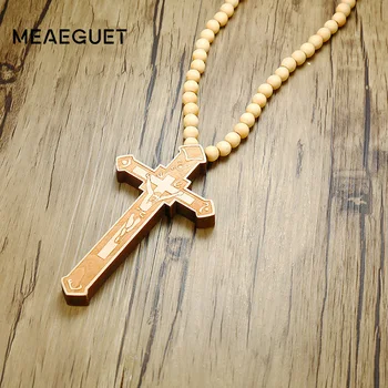 Meaeguet Veľké Dreva Katolícka Ježiš Kríž S Drevené Guľôčky Vyrezávané Ruženec Prívesok Dlho Collier Vyhlásenie Náhrdelník Mužov Šperky