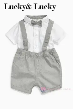 Mini gentleman detské oblečenie set baby boy krátky rukáv t-shirt s lukom + trakmi novorodenca oblečenie