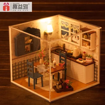 Miniatúrne DIY drevená bábika dom Kuchyňa Budovy Model FurnitureToy Miniatura Kuchyňa domček pre bábiky M005