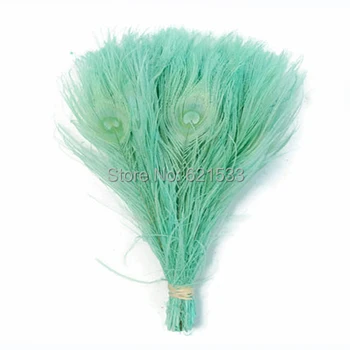 Mint Zelenej Perie, 100ks/veľa - AQUA Bielený a Farbené Chvost Páva Perie,25-30 cm dlhé