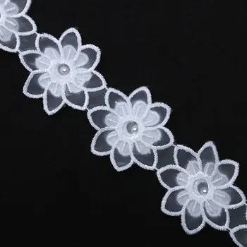 Misaya 1Y Vrstva 2 Kvety, Čipky látky S Imitáciou Pearl HOBBY Ručné Pletie Príslušenstvo Zdobené Stuhou Obrubou, Priemer 4,5 cm