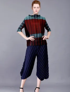 Miyake nový letný hit farebný prúžok rukáv šaty zloženke násobne golier tričko skladaný Tričko doprava zadarmo