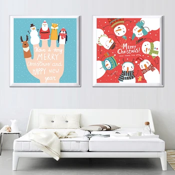 Moderná Severská Kawaii Zvieratá Snehuliak Veselé Vianoce Vytlačí Plagát Kreslených Obrazov Na Stenu Plátno Na Maľovanie Škôlky Decor Č Rám