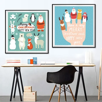Moderná Severská Kawaii Zvieratá Snehuliak Veselé Vianoce Vytlačí Plagát Kreslených Obrazov Na Stenu Plátno Na Maľovanie Škôlky Decor Č Rám