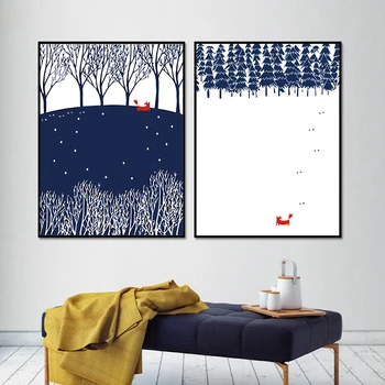 Moderná Severská Minimalistický Krajina Zvierat Fox Zimnom lese Snehu Umenia, Tlače, Plagát na Stenu Obrázok, Plátno, Maľovanie Domova