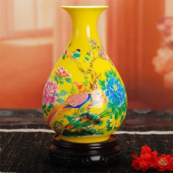 Moderné Jingdezhen Keramické Žltá Váza Domáce Dekorácie Červená Porcelánové Vázy S Kvetmi a Vtákmi Lotus A Ryby Vzor