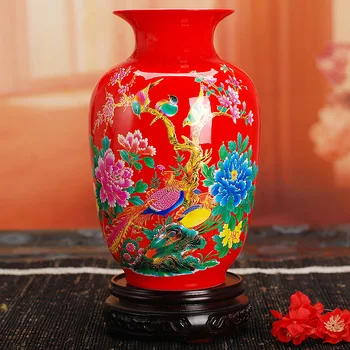 Moderné Jingdezhen Keramické Žltá Váza Domáce Dekorácie Červená Porcelánové Vázy S Kvetmi a Vtákmi Lotus A Ryby Vzor