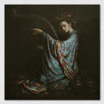 Moderné umenie maľba klasickej čínskej krásne dievča s harfa, tlačené na plátno s vysokou kvalitou doprava zadarmo