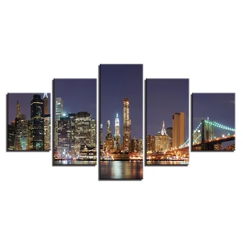 Moderný Modulárny HD Vytlačené Obrazy 5 Panel Meste New York v Noci Zobraziť Domova Tablo Stenu, Kresby, Obrázky, Plagáty Plátno