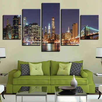 Moderný Modulárny HD Vytlačené Obrazy 5 Panel Meste New York v Noci Zobraziť Domova Tablo Stenu, Kresby, Obrázky, Plagáty Plátno