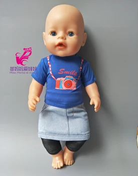 Modré tričko+ Jean krátke šaty+čierne nohavice, nastavený pre 43 cm Zapf Baby Born bábik pre 18-palcové 45 CM Americké dievča bábiku outsuit