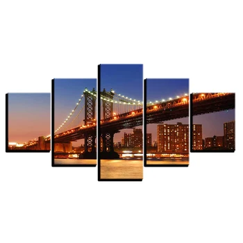 Modulárny Most Obrázky HD Vytlačiť Plátno Rám 5 Panel New York City Wall Art Maľovanie Móda Pre Obývacia Izba Nočný Pohľad Dekor