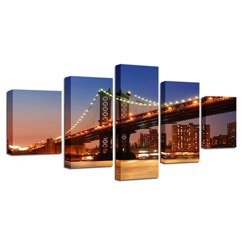 Modulárny Most Obrázky HD Vytlačiť Plátno Rám 5 Panel New York City Wall Art Maľovanie Móda Pre Obývacia Izba Nočný Pohľad Dekor