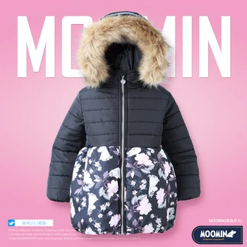 Moomin zimné dievčatá Bunda nové módne Bežné Zips s Kapucňou MOOMIN teplý kabát Geometrické black Broadcloth dievčatá vetrovka