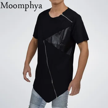 Moomphya 2017 Mužov, kožené patchwork zip t shirt nepravidelný kožená nášivka krku zips t-shirt ostré lem šikmé zip t shirt mužov