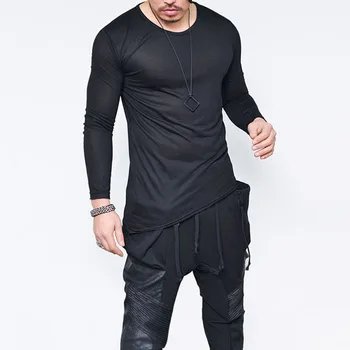 Moomphya 2018 Mužov hip hop dlhý rukáv t shirt Asymetrické dlhým vlascom lem t-shirt mužov tričko streetwear zábavné tričká topy