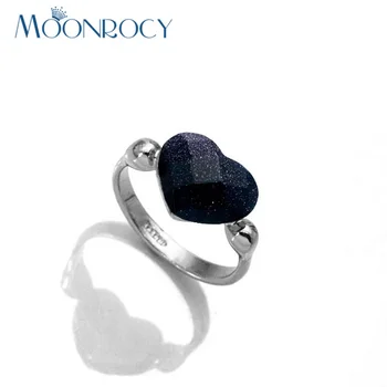 MOONROCY Drop Shipping Módne Šperky Veľkoobchod Striebornú Farbu a Tvar Srdca Modrá Piesku Black Crystal Krúžok pre Ženy, Dievčatá Darček