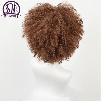 MSIWIGS Syntetické Kučeravé Parochňu pre Čierne Ženy Prírodná Hnedá Farba Ombre Hair Mäkké Krátke Afro Parochne s Ofinou Dva Modely