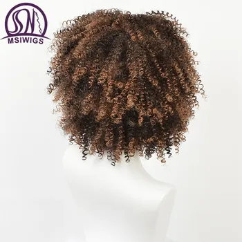 MSIWIGS Syntetické Kučeravé Parochňu pre Čierne Ženy Prírodná Hnedá Farba Ombre Hair Mäkké Krátke Afro Parochne s Ofinou Dva Modely
