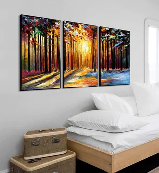 MUYA Ručne maľované paletu nôž maľovanie maľby akrylom 3 ks plátno olejomaľba Moderné strom obrazov na stenu pre obývacia izba