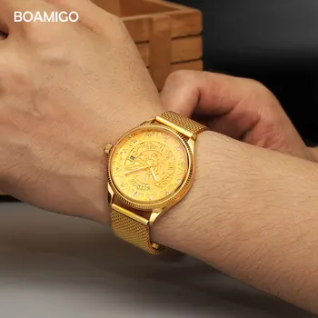 Muži quartz hodinky BOAMIGO značky luxusné zlaté mužov šaty sledovať kostra dial hodinky oka kapela náramkové hodinky hot darček clcok relogio