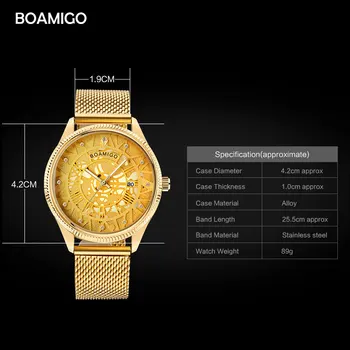 Muži quartz hodinky BOAMIGO značky luxusné zlaté mužov šaty sledovať kostra dial hodinky oka kapela náramkové hodinky hot darček clcok relogio