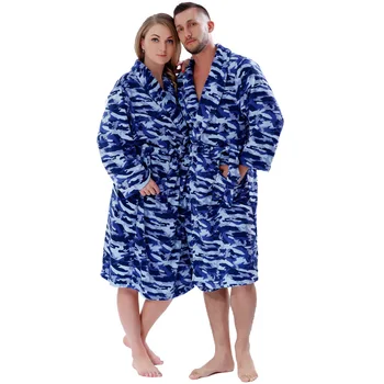 Muži Ženy Teplé Zimné Coral Fleece Oblečenie Modrá Kamufláž Plus Veľkosť Nočná Košeľa Sleepwear Župan Pre Milovníkov