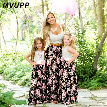 MVUPP matka a dcéra oblečenie Kvetinový rodiny kostýmy pruhované šaty pre matky a dcéry bez rukávov maminku a ma Roztomilý šaty