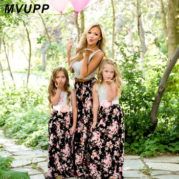 MVUPP matka a dcéra oblečenie Kvetinový rodiny kostýmy pruhované šaty pre matky a dcéry bez rukávov maminku a ma Roztomilý šaty