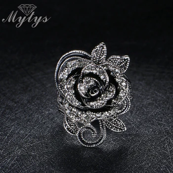 Mytys Čierny Kvet Marcasite Krúžok Neviditeľné Nastavenie Crystal Vintage Prstene pre Ženy R1876