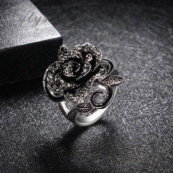 Mytys Čierny Kvet Marcasite Krúžok Neviditeľné Nastavenie Crystal Vintage Prstene pre Ženy R1876