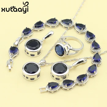 Móda 925 Silver Šperky Sady Pre Ženy, Tmavo Modrá Cubic Zirconia Anjelské Svadobný Náhrdelník Prstene, Náušnice, Náramok